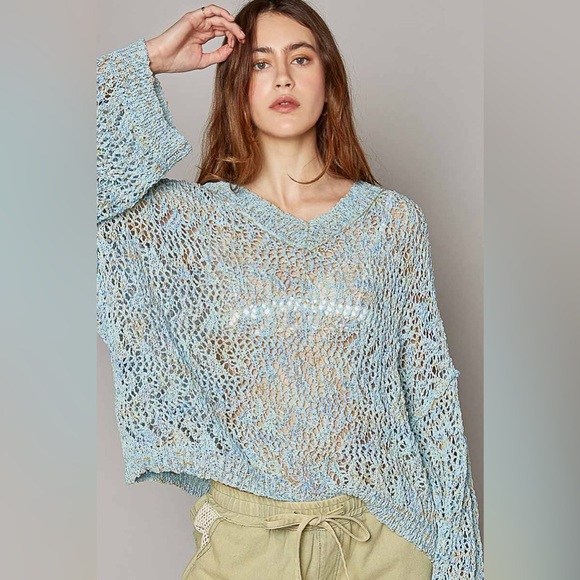 Ribbed Hem V-Neck Wide Sleeve Crochet Sweater - POL - Picture 2 of 5